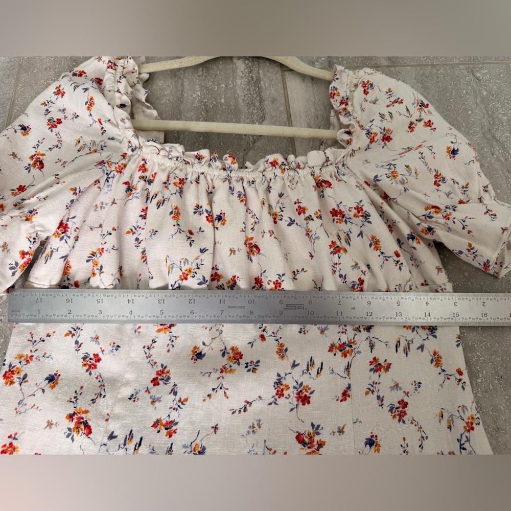 100% linen Reformation White Floral Mini Dress Robles puffed sleeves - Picture 12 of 12